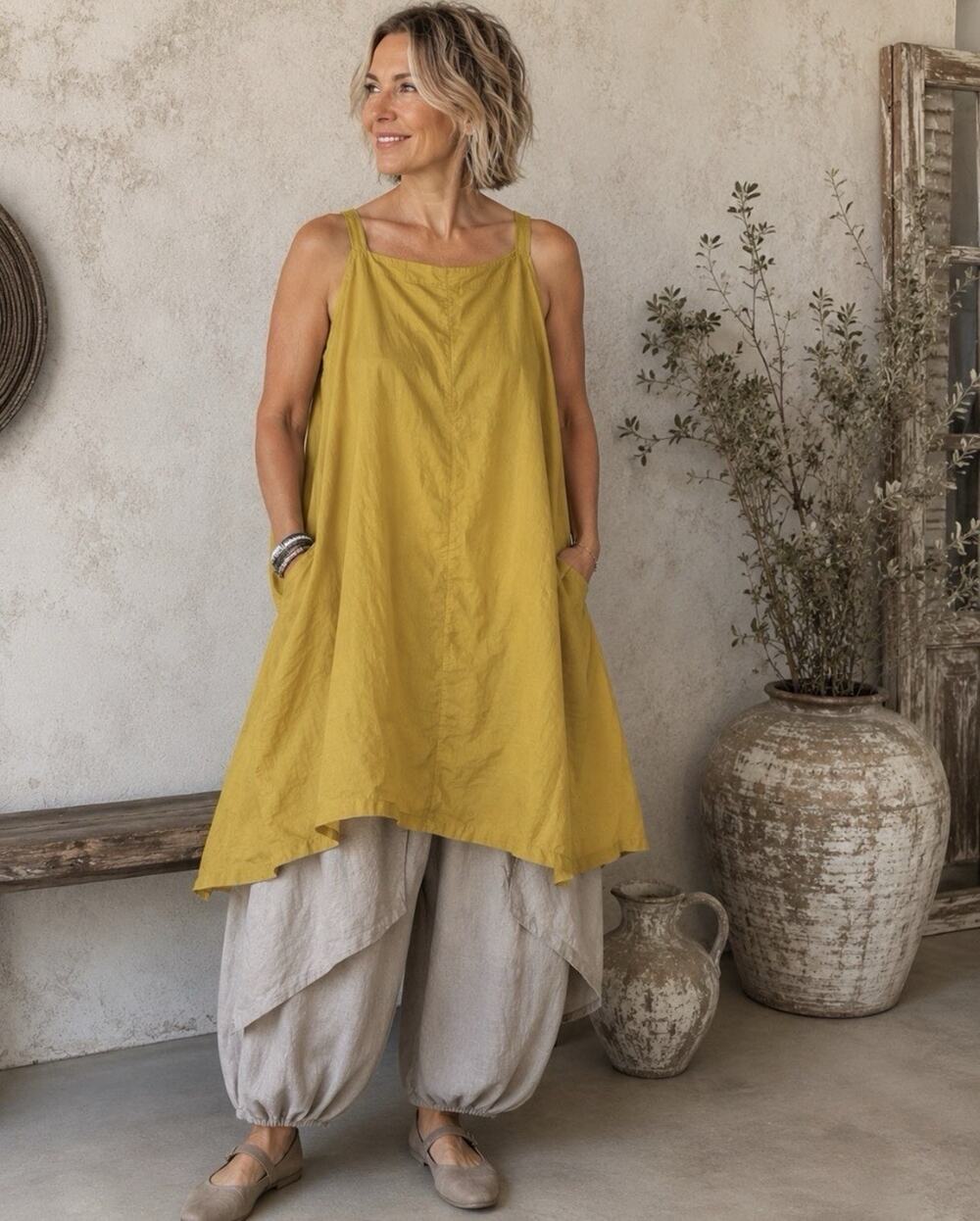 Gudrun Sjoden Mustard Yellow Midi Button Up Pinafore Dress Lagenlook Fall XL B17